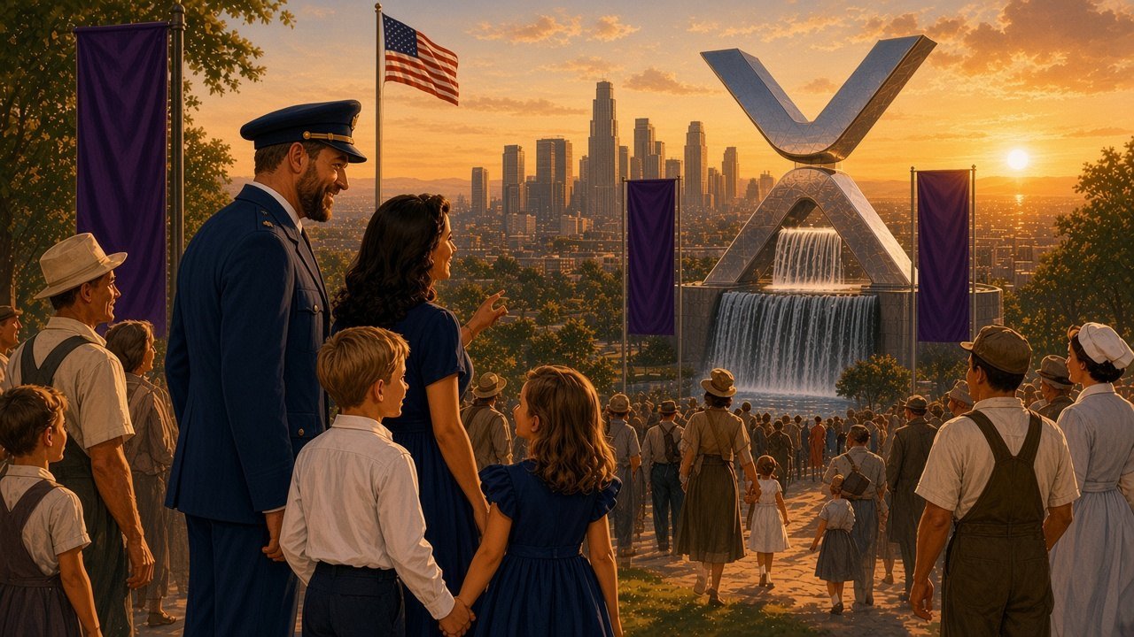 The Commander and his family stand at sunrise facing XRP City as ordinary Americans stream toward it