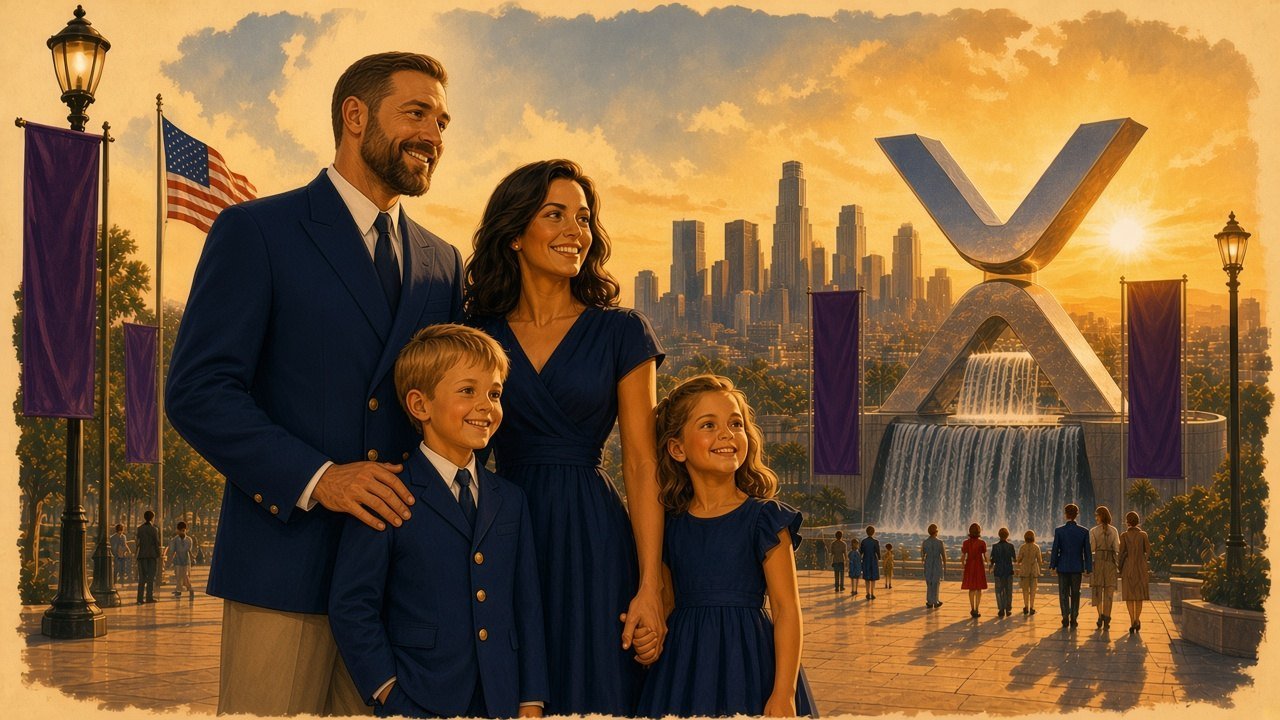 The Commander with his wife, son and daughter at sunrise before the XRP City fountain