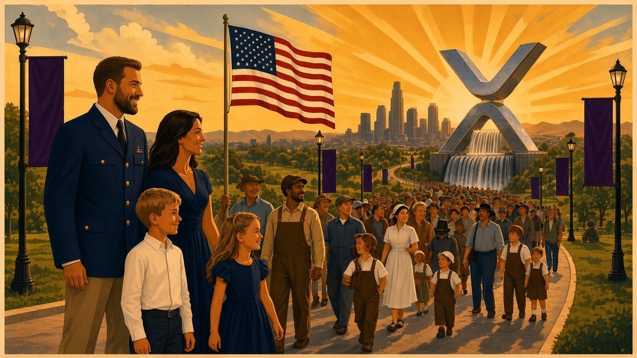 The Commander leads his family and a crowd of ordinary Americans along the road into XRP City